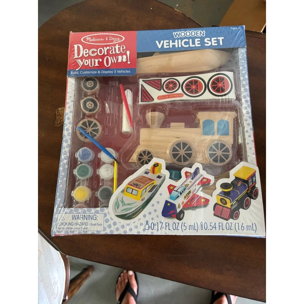 Melissa & Doug Decorate Your Own Wooden Vehicle Set Train Plane Boat 9684 NEW
